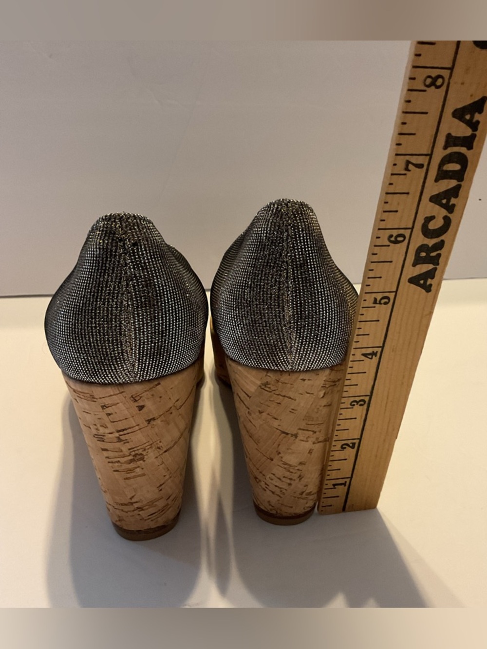 Stuart Weitzman Glitter Metallic Anna Cork Wedge Peep Toe Pumps Shoes Luxury 8 - Picture 3 of 11
